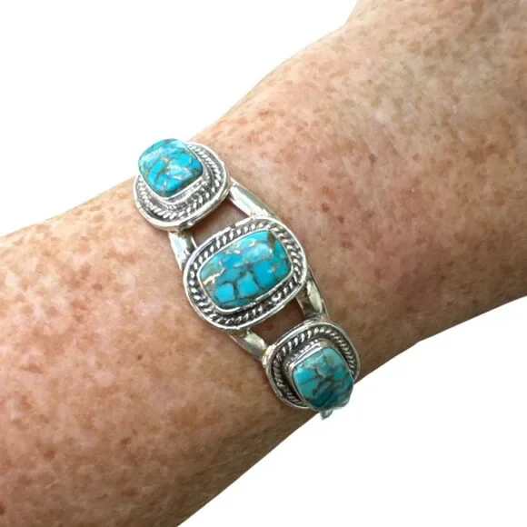 Kingman Blue Copper Turquoise 925 Sterling Silver Cuff Bracelet Hanmade Stamped